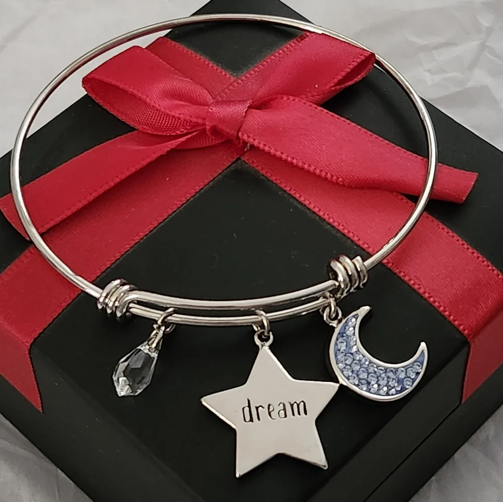Truly Inspired Silver Bangle with Crystal, Star & Moon Charms